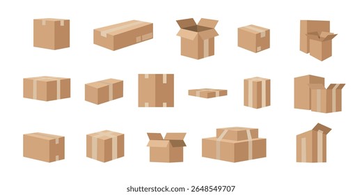 Open and close boxes with fragile and umbrella symbols. Vector isolated set of realistic cardboard packages with duct tape. Side view on empty parcels for delivery and transportation
