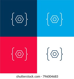 Open and close brackets enclosing a hexagon four color material and minimal icon logo set in red and blue