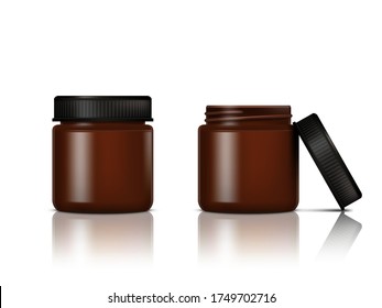 Open And Close Brown Glossy Glass Jar For Cosmetic Cream. Realistic Cosmetic Package. EPS10 Vector