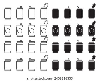 Open and close can icon set. soft drink aluminium soda can vector symbol. beverage Metal can sign.