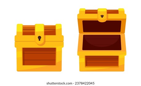 Open and close Cute mystery wooden chest. Treasure on white background. Random a secret loot box concept. Vector illustration cartoon flat design.