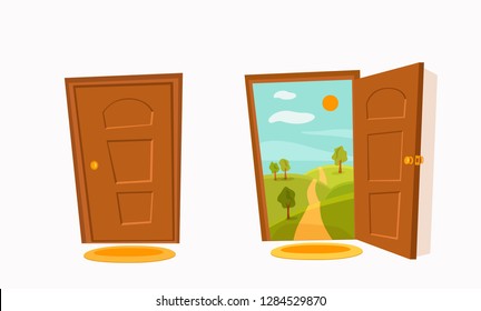 Open and close door cartoon colorful vector illustration with valley summer sun landscape with road and trees. House apartment entrance corridor flat design. Home exit interior view freedom concept. 