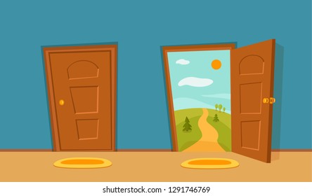 Open and close door cartoon colorful vector illustration with valley summer sun landscape with road and trees. House apartment entrance corridor flat design. Home exit interior view freedom concept. 