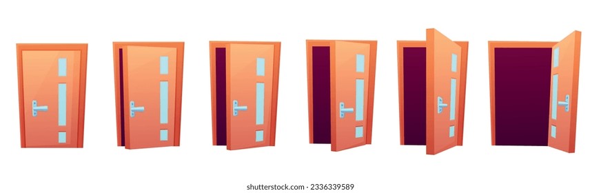 Abre y cierra la puerta. Animación de apertura, caricatura o entrada de apartamento. Diseño de habitación o casa elemento de madera, viajes hoy concepto vector