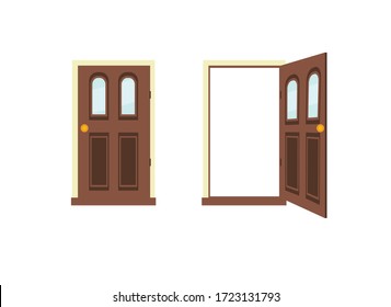 Open and close doors. Flat cartoon style vector illustration.