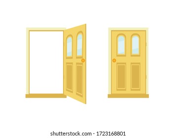 Open and close doors. Flat cartoon style vector illustration.