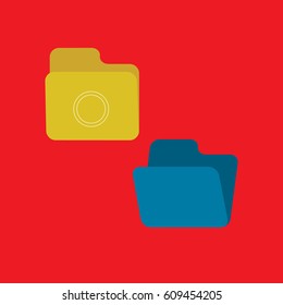 Open and close folders with documents. Folders icons isolated on red background. Folders set