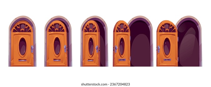 Animación vectorial de puerta delantera abierta y cerrada. Conjunto de iconos de secuencia aislada de la puerta de la habitación. La salida de madera cerrada como oportunidad para escapar del edificio. Colección de imágenes de hoja de cálculo de arco de bloqueo de Hallway
