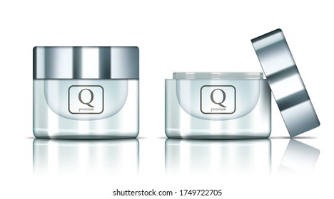 Abierto Y Cercano Cosméticos De Jar De Vidrio Plateado Glosado Para Crema Corporal, Mantequilla, Gel, Cuidados De Piel, Polvo. Vector EPS10