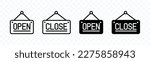 Open and close icon set. Open and close hanger board icons on transparent background. Open close sign on wooden board. Open and close board symbol hanging in shop, restaurant, vector illustration