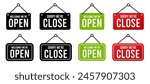 Open and close icon set. Open and close hanger board icons on transparent background. Open close sign on wooden board. Open and close board symbol hanging in shop, restaurant, vector illustration