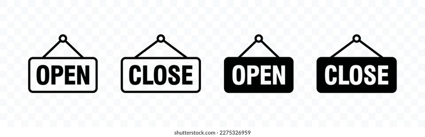 Open and close icon set. Open and close hanger board icons on transparent background. Open close sign on wooden board. Open and close board symbol hanging in shop, restaurant, vector illustration