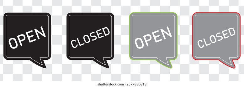 Open and close icon set. Open and close hanger board icons on transparent background. Open close sign on wooden board. Open and close board symbol hanging in shop, restaurant, vector illustration