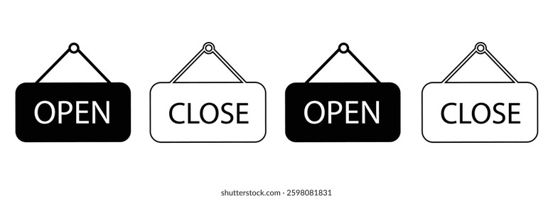 Open and close icon set. open and close hanger board icons on transparent background. open close sign on wooden board. open and close board symbol hanging in shop, restaurant, vector illustration .
