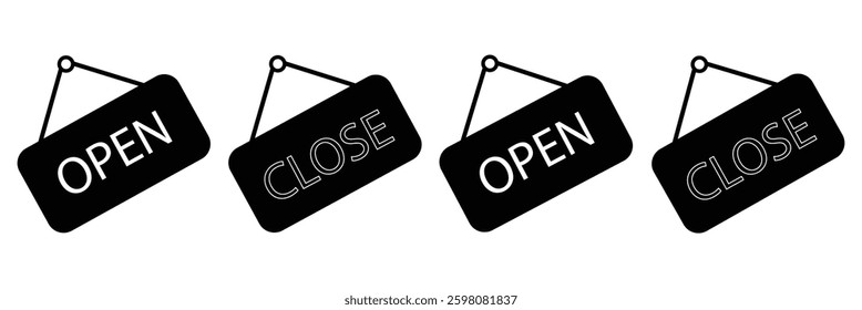 Open and close icon set. open and close hanger board icons on transparent background. open close sign on wooden board. open and close board symbol hanging in shop, restaurant, vector illustration .