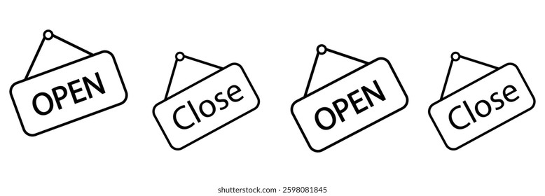 Open and close icon set. open and close hanger board icons on transparent background. open close sign on wooden board. open and close board symbol hanging in shop, restaurant, vector illustration .