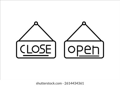 Open and close icon set. Open and close hanger board icons on transparent background. Open close sign on wooden board. Open and close board symbol hanging in shop, restaurant, vector illustration