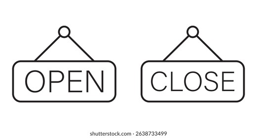 Open and close icon set. Open and close hanger board icons on transparent background. Open close sign on wooden board. Open and close board symbol hanging in shop, restaurant, vector illustration