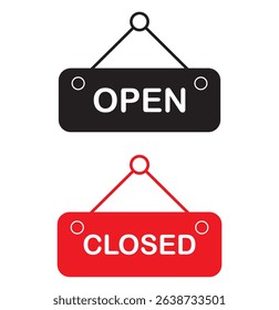 Open and close icon set. Open and close hanger board icons on transparent background. Open close sign on wooden board. Open and close board symbol hanging in shop, restaurant, vector illustration