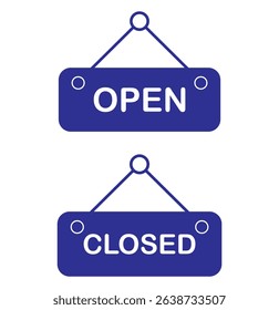 Open and close icon set. Open and close hanger board icons on transparent background. Open close sign on wooden board. Open and close board symbol hanging in shop, restaurant, vector illustration