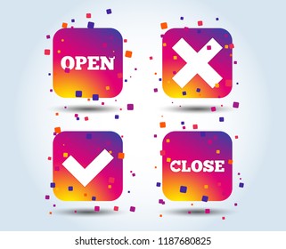 Open and Close icons. Check or Tick. Delete remove signs. Yes correct and cancel symbol. Colour gradient square buttons. Flat design concept. Vector