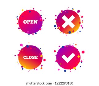 Open and Close icons. Check or Tick. Delete remove signs. Yes correct and cancel symbol. Gradient circle buttons with icons. Random dots design. Vector