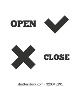 Open and Close icons. Check or Tick. Delete remove signs. Yes correct and cancel symbol. Flat icons on white. Vector