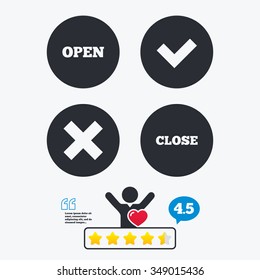 Open and Close icons. Check or Tick. Delete remove signs. Yes correct and cancel symbol. Star vote ranking. Client like and think bubble. Quotes with message.