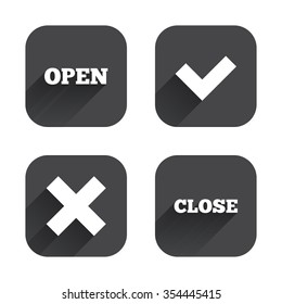 Open and Close icons. Check or Tick. Delete remove signs. Yes correct and cancel symbol. Square flat buttons with long shadow.