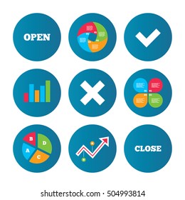 Open and Close icons. Check or Tick. Delete sign.