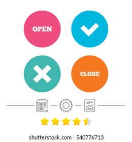 Open and Close icons. Check or Tick. Delete remove signs. Yes correct and cancel symbol. Calendar, cogwheel and report linear icons. Star vote ranking. Vector