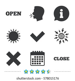 Open and Close icons. Check or Tick. Delete remove signs. Yes correct and cancel symbol. Information, go to web and calendar icons. Sun and loud speak symbol. Vector