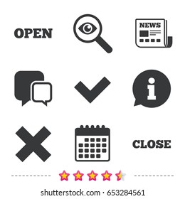 Open and Close icons. Check or Tick. Delete remove signs. Yes correct and cancel symbol. Newspaper, information and calendar icons. Investigate magnifier, chat symbol. Vector