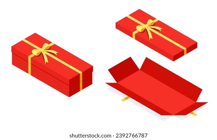 Open and close a long red mystery gift box with a yellow ribbon on isolated white background. Random secret loot box isometric view concept. Vector illustration cartoon flat design.