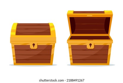 Abre y cierra el misterioso arcón de madera. Un tesoro sobre fondo blanco. Al azar un concepto secreto de caja de botes. Diseño plano de dibujos animados de ilustraciones vectoriales.