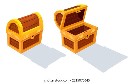 Open And Close The Mystery Wooden Chest Isometric. Treasure On White Background. Random A Secret Loot Box Concept. Vector Illustration Cartoon Flat Design.