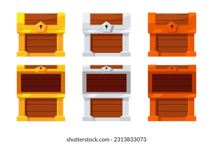 Open and close mystery wooden chest. Gold Silver Bronze Treasure on white background. Random a secret loot box concept. Vector illustration cartoon flat design.