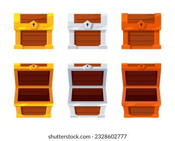 Open and close mystery wooden chest. Gold Silver Bronze Treasure on white background. Random a secret loot box concept. Vector illustration cartoon flat design.