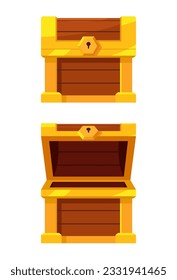 Open and close mystery wooden chest. Treasure on white background. Random a secret loot box concept. Vector illustration cartoon flat design.