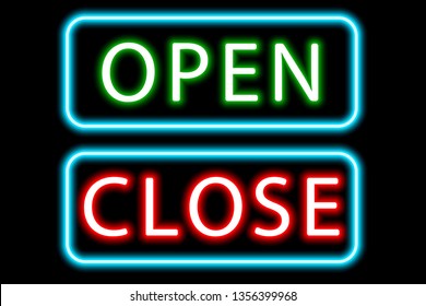 Open and close neon glowing text graphic vector