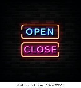 Open close neon sign. design template, modern trend design, night neon signboard, night bright advertising, light banner. Vector illustration