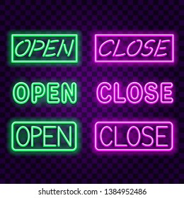 Open close neon signs on dark background vector set
