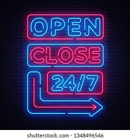 Open Close neon signs vector. Neon Signboards Design template, light banner, night signboard, nightly bright advertising, light inscription. Vector illustration