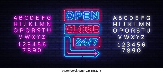 Open Close neon signs vector. Neon Signboards Design template, light banner, night signboard, nightly bright advertising, light inscription. Vector illustration. Editing text neon sign