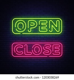 Open Close Neon Text Vector. Open Close neon signboard, design template, modern trend design, night neon signboard, night bright advertising, light banner, light art. Vector illustration