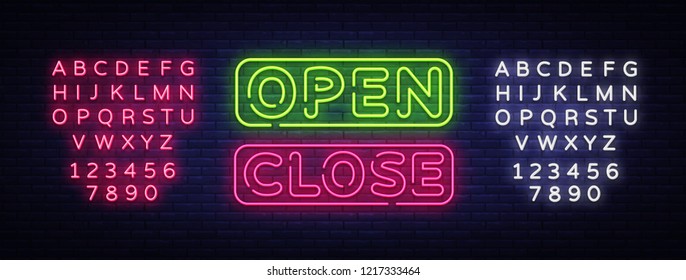 Open Close Neon Text Vector. Open Close neon signboard, design template, modern trend design, night neon signboard, night bright advertising, light banner, light art. Vector. Editing text neon sign