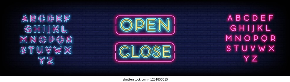 Open Close Neon Text Vector with a brick wall backgroun design template  modern trend design  night neon signboard  night bright advertising  light banner  light art. Vector. Editing text neon sign