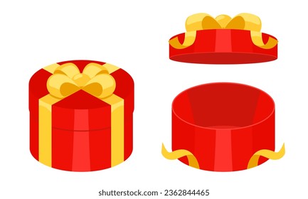 Open and Close Red circle mystery gift box with a yellow ribbon on white background. Random secret loot box isometric concept. Vector illustration cartoon flat design.