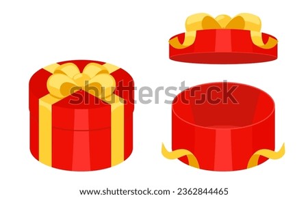 Open and Close Red circle mystery gift box with a yellow ribbon on white background. Random secret loot box isometric concept. Vector illustration cartoon flat design.