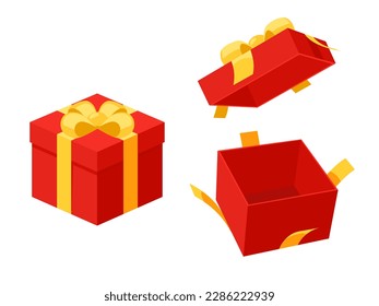 Open and Close Red mystery gift box with a yellow ribbon on white background. Random secret loot box isometric concept. Vector illustration cartoon flat design.